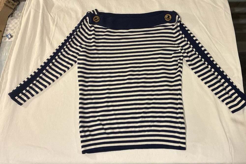 Lauren Ralph Lauren Nautical Striped Sweater M Navy Cream Gold Buckle Coastal - Picture 3 of 7